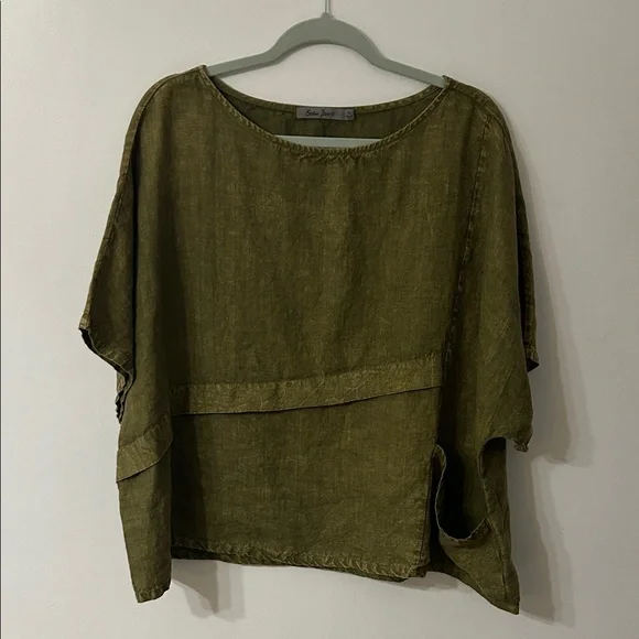 Beau Jours Top Women’s XL Olive Green Linen Lagenlook Boxy Beach - Picture 10 of 14